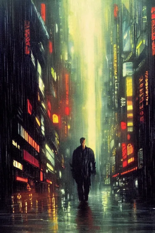 Image similar to a moving painting of the final scene of blade runner where replicant roy batty realizes the very absurdity of life when all memories will be lost in time like tears in the rain, in the style of blade runner, ridley scott