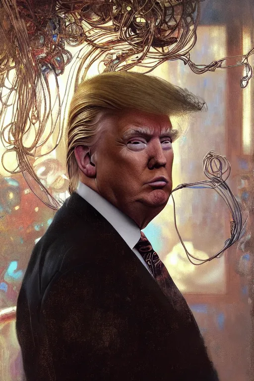 Image similar to hyperrealist portrait of donald trump, it is decorated with wires and monitors. by jeremy mann and alphonse mucha, fantasy art, photo realistic, dynamic lighting, artstation, poster, volumetric lighting, very detailed faces, 4 k, award winning