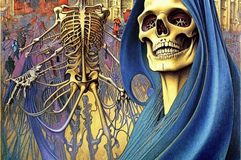 Image similar to realistic detailed closeup portrait painting of a single skeleton wearing a cape in a crowded futuristic moscow street by Jean Delville, Amano, Yves Tanguy, Alphonse Mucha, Ernst Haeckel, Edward Robert Hughes, Roger Dean, rich moody colours, blue eyes