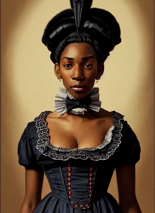 Image similar to a portrait of a young black woman with a crooked nose in victorian clothing, confident pose, intricate, elegant, sharp focus, illustration, highly detailed, concept art, matte, trending on artstation, anime, art by james jean and artgerm and brian despain and alberto mielgo, greg rutkowski, wlop, ilya kuvshinov, strong strokes