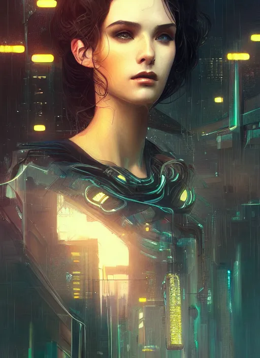 Image similar to beautiful young woman, gorgeous face, bladerunner city landscape, cybernetic, wires, technology, vaporwave aesthetic, synthwave, intricate, elegant, highly detailed, digital painting, artstation, concept art, smooth, sharp focus, illustration, art by artgerm and greg rutkowski and alphonse mucha