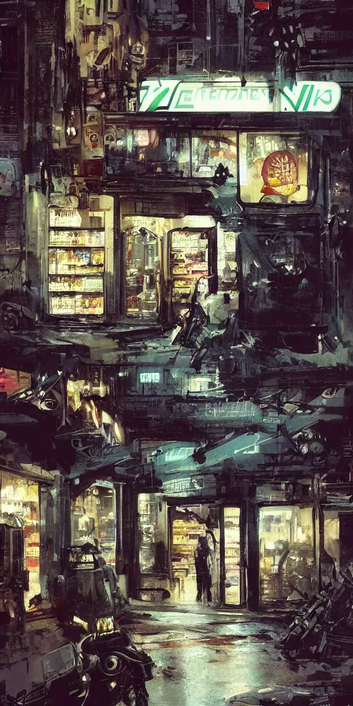 Image similar to the entrance of general store seven - eleven located in the middle of a sci - fi city, street view, sci - fi cars, painted by ashley wood and phil hale, blade runner, masterpiece, award - winning, sharp focus, intricate concept art, ambient lighting, 8 k, artstation, pixiv