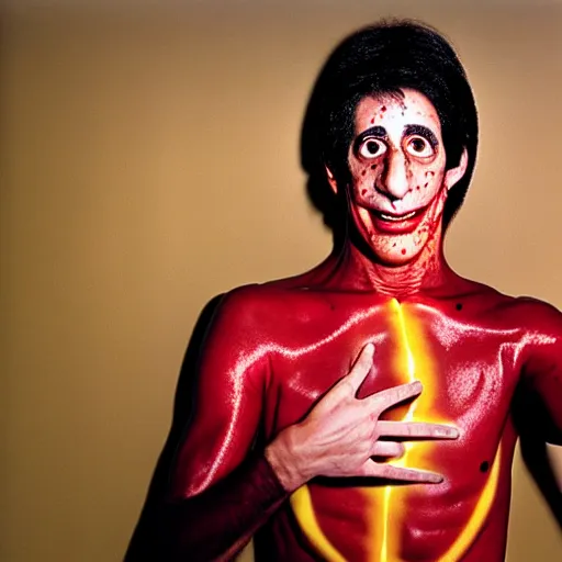 Image similar to uhd photorealisitc candid photo of anthony fauci wearing a bloody slim goodbody costume. correct coostume. correct face, accurate face. photo by annie leibowitz and steve mccurry