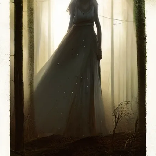 Prompt: a realistic woman with a long dress standing in a moonlit forest, beautiful woman, digital art, by Greg Rutkowski, volumetrics, dark fantasy