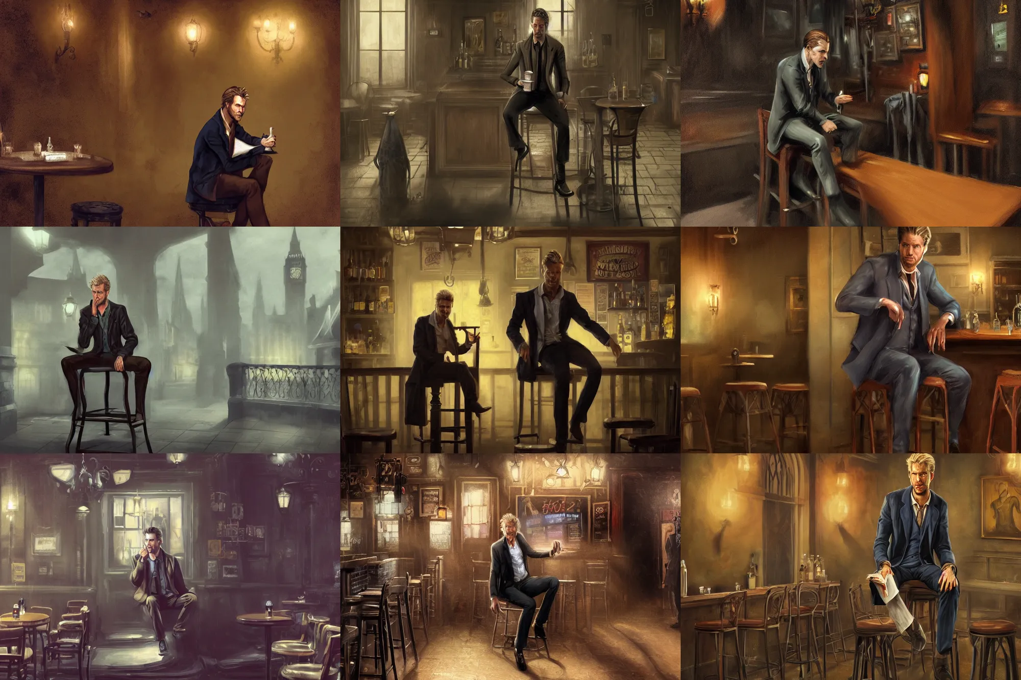 Prompt: matte painting character illustration of john constantine sitting down on a barstool going to lunch at a dive bar in london, digital painting, illustration, constantine, john singer sargent, magical creatures in the background, amazing values, 8 k, gothic, realistic face details, symmetrical face details, realistically rendered face, photorealistic eyes, moody lighting, octane render