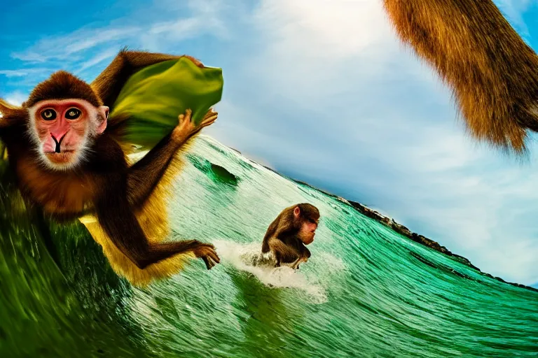 Image similar to monkey surfing on a green sea wave, comicbook, natural lighting, wide angle lens, baby blue color, dof