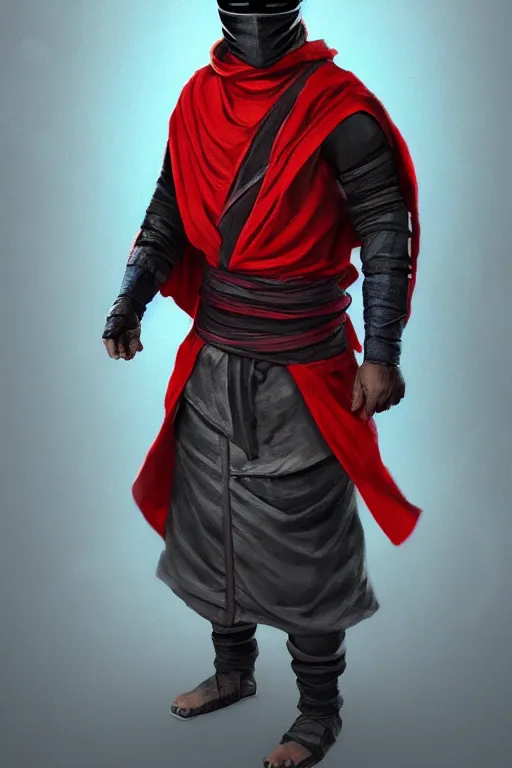 Image similar to full body westword host dressed like shinobi ninja, focused stare, partially masked, highly detailed, photobash, photorealistic render, trending on artstation, character design, red background, cinematic lighting