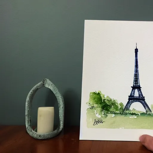 Image similar to a rabbit smiling in front of the eiffel tower, realistic watercolour