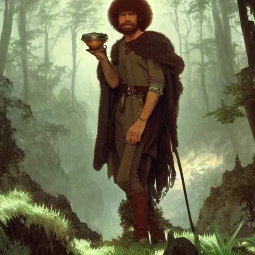 Image similar to an ultra detailed matte painting of bob ross dressed as a wandering elf druid, silver hawk animal companion, d & d, fantasy concept art by alphonse mucha and greg rutkowski, octane render, 8 k, detailed face