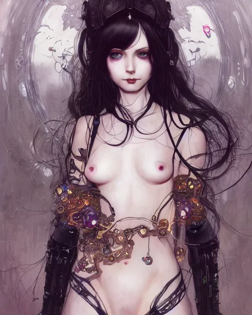 Image similar to portrait of cute beautiful young gothic maiden, cyberpunk, Warhammer, highly detailed, artstation, illustration, art by Gustav Klimt and Range Murata