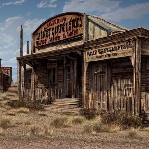 Image similar to Abandoned Wild West town at high noon, hyperrealistic