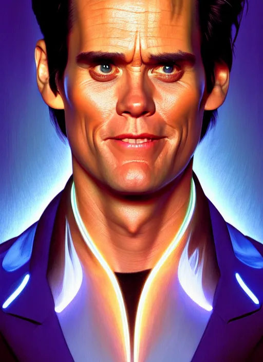 Image similar to symmetry!! portrait of ace ventura jim carrey, chemisty, sci - fi, glowing lights!! intricate, elegant, highly detailed, digital painting, artstation, concept art, smooth, sharp focus, illustration, art by artgerm and greg rutkowski and alphonse mucha, 8 k