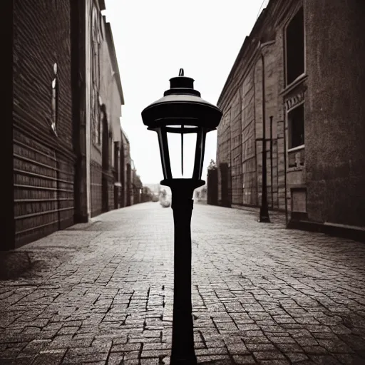 Image similar to lonely old lantern on empty modern street in the day light, photorealistic