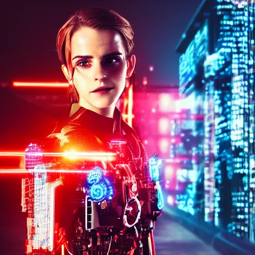 Image similar to photo of emma watson as a cyborg in a cyberpunk city full of multicolor lights, red color scheme, bloom, bokeh, depth of field, robotic limbs, mid full shot, 8k, highly detailed skin, highly detailed face