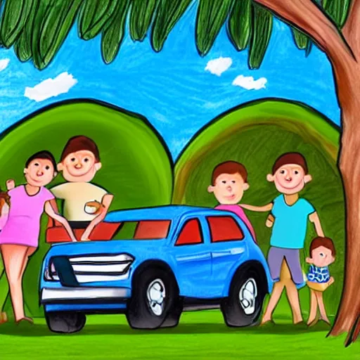 Prompt: a todler's drawing of a family and their suv