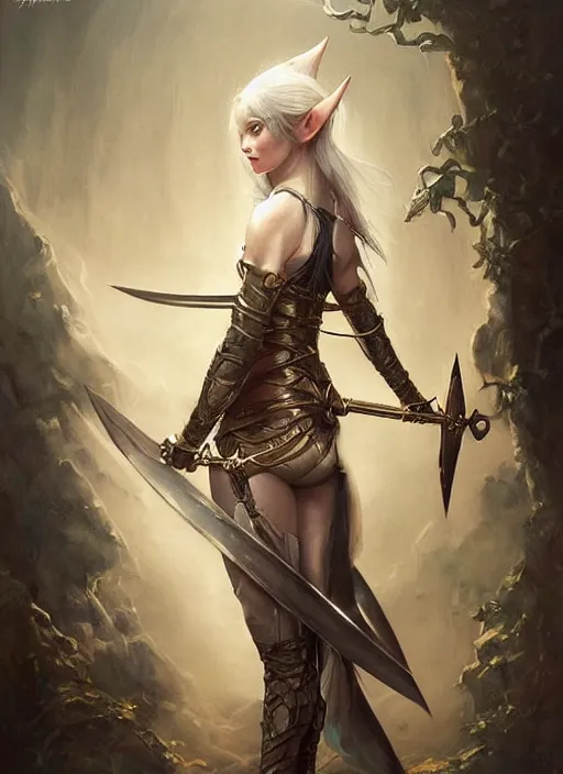 Image similar to female elf with two swords in her hands, painted by artgerm and tom bagshaw, fantasy art, dramatic lighting, highly detailed oil painting