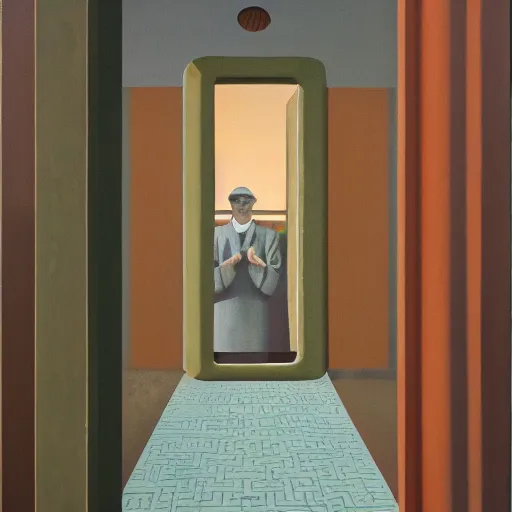 Prompt: first - person view of a stark concrete maze with people looking into portholes, ( ( ( grant wood ) ) ), pj crook, ( ( ( ( ( ( edward hopper ) ) ) ) ) ), oil on canvas