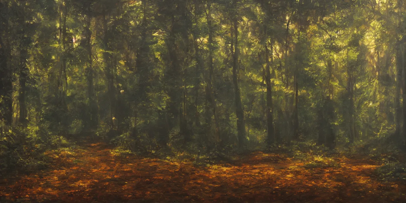 Prompt: the woods, cinematic lighting, detailed oil painting, hyperrealistic, 8k