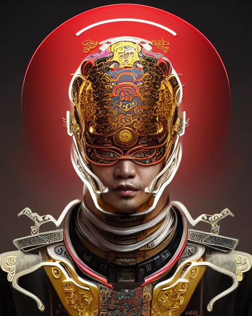 Image similar to portrait of a chinese masculine male cyberpunk machine, machine face, upper half portrait, decorated with chinese opera motifs, muscular, asian, fine china, wuxia, traditional chinese art intricate intense elegant 京 剧 highly detailed digital painting artstation concept art smooth sharp focus illustration, art by artgerm and greg rutkowski alphonse mucha 8 k