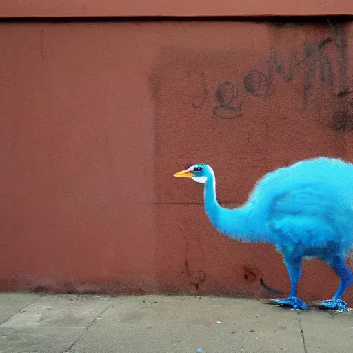 Image similar to a blue ostrich, graffiti by bansky