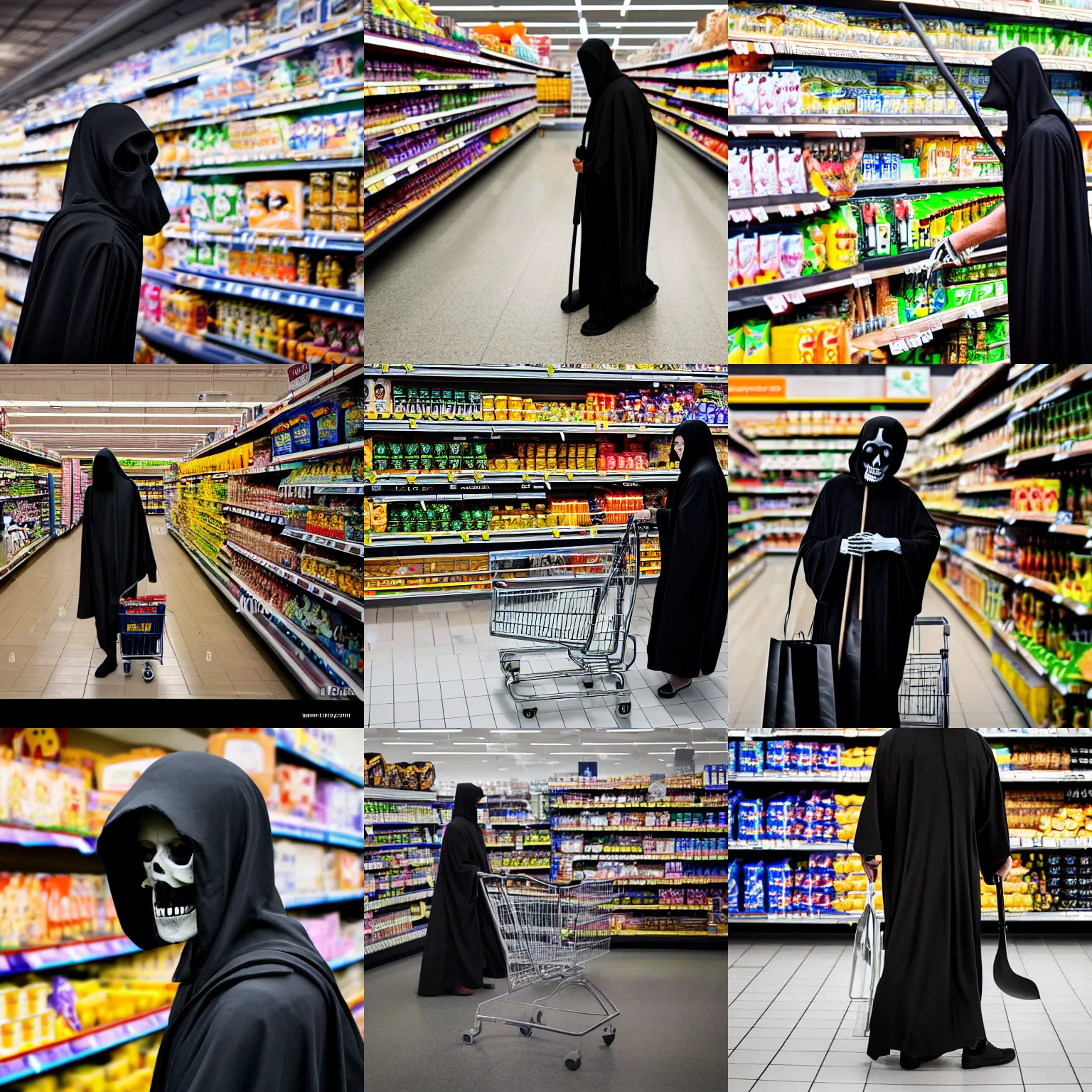 Prompt: the grim reaper skeleton in black robes with a scythe shopping at a supermarket, high quality photography, 4 k, sigma 8 5 mm