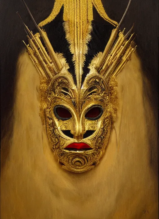 Prompt: highly detailed oil painting | very intricate | cinematic lighting | black, white and gold color scheme, dark background | the yoruba mask by alexander mcqueen | by roberto ferri, by gustav moreau, by singer sargent and klimt, american romanticism, by austin osman spare, artstation, cgsociety, official art, octane