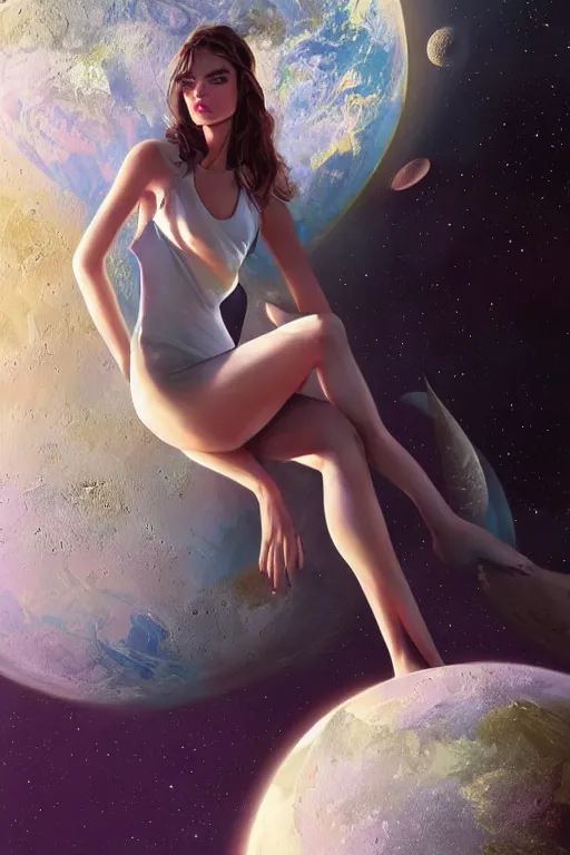 Prompt: Beautiful Supermodel sitting on the moon with a view of the earth in the background, elegant, digital painting, highly detailed, artstation, concept art, smooth, sharp focus, illustration, art by artgerm and greg rutkowski.