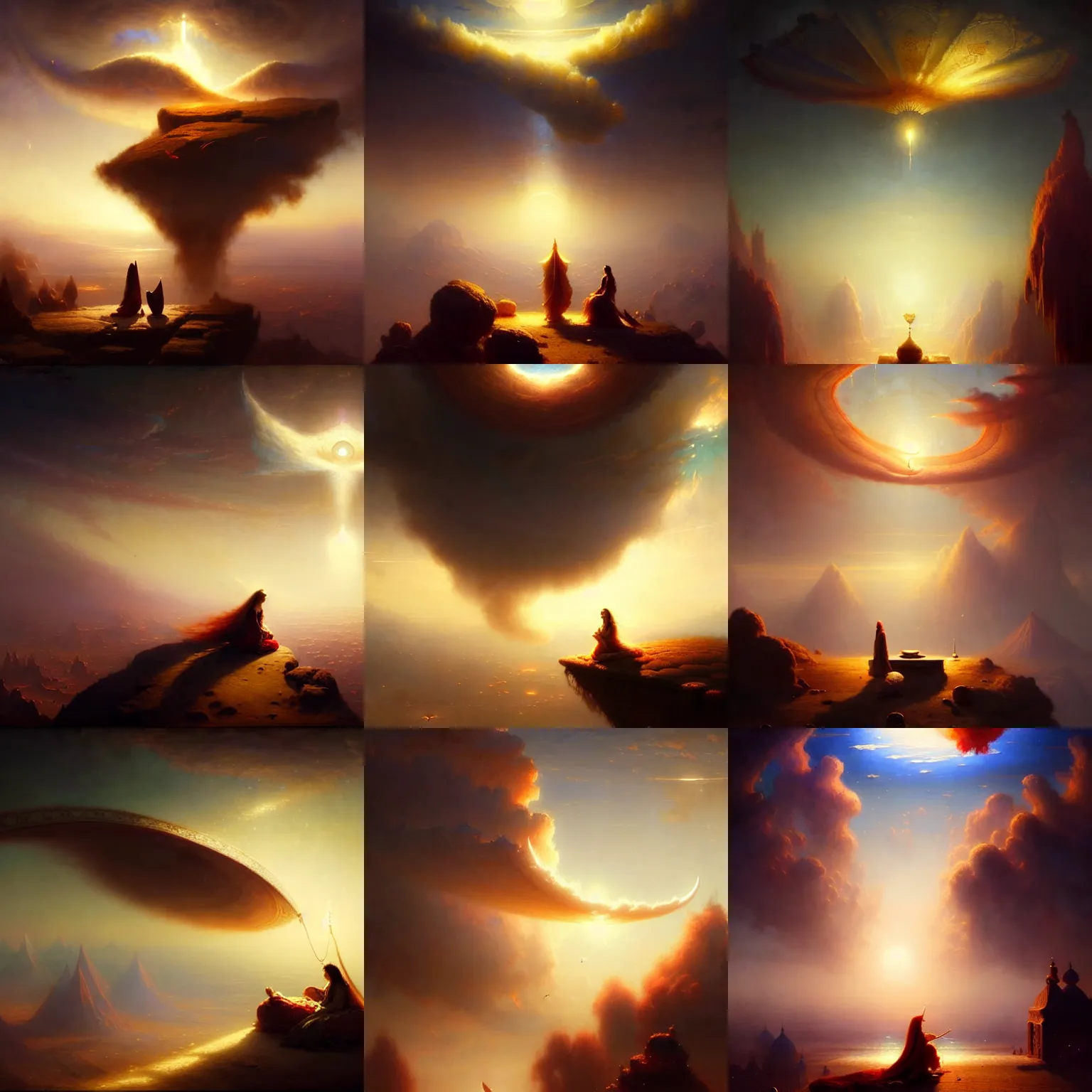 Prompt: surreal persian crescent in the sky in a magic fluffy persian carpet dimension, by greg rutkowski and gaston bussiere, dim lighting, beautiful volumetric - lighting - style atmosphere, surreal atmosphere, intricate, detailed, photorealistic imagery, trending artstation