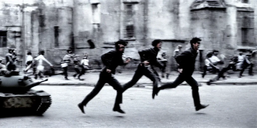 Image similar to street photography, revolution, street, city, blurred people running from tanks, closeup, film photography, 1 9 8 0 s, exposed b & w photography, robert capa photography, henri cartier - bresson photography