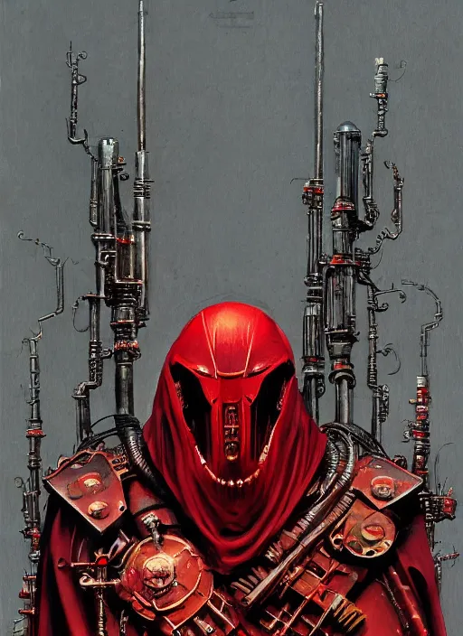 Image similar to portrait of adeptus mechanicus in red hood and robe from Warhammer 40000. Highly detailed, artstation, illustration by and John Blanche and zdislav beksinski and wayne barlowe