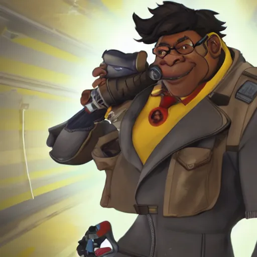 Image similar to winston from overwatch smoking weed