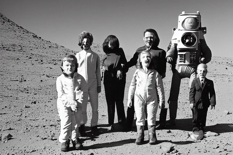 Image similar to family photo of alien family on mars, photo, 1 9 6 0 s