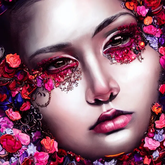 Prompt: studio portrait absurdly beautiful, elegant, lovely, young hypercolorful sensual black model rubies red petals gems, ultrafine hyperrealistic detailed face illustration by kim jung gi, irakli nadar, intricate linework, sharp focus, bright colors, matte, octopath traveler, final fantasy, unreal engine highly rendered, global illumination, radiant light, intricate rainbow environment