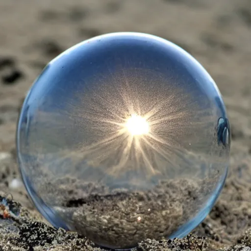 Image similar to a transparent sphere on a beach with a crab looking at it