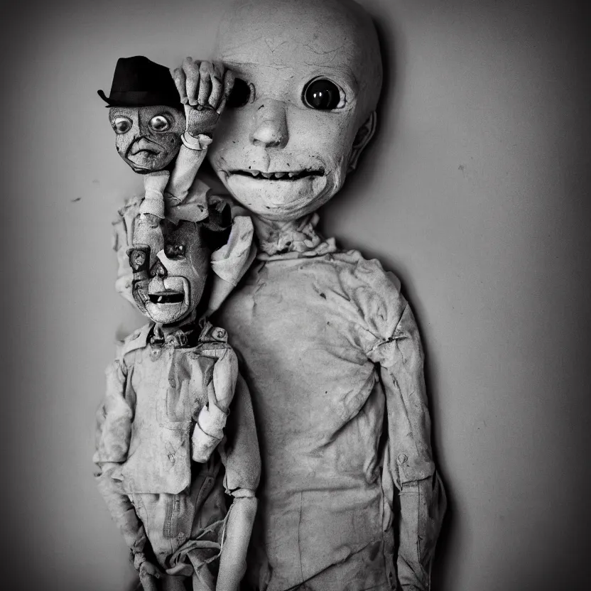 Image similar to creepy ventriloquist dummy in the style of roger ballen, 4 k, bw, portrait