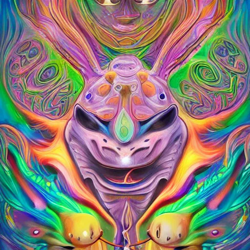 Prompt: An extremely psychedelic portrait of Pokemon, surreal, LSD, face, detailed, intricate, elegant, lithe, highly detailed, digital painting, artstation, concept art, smooth, sharp focus, illustration