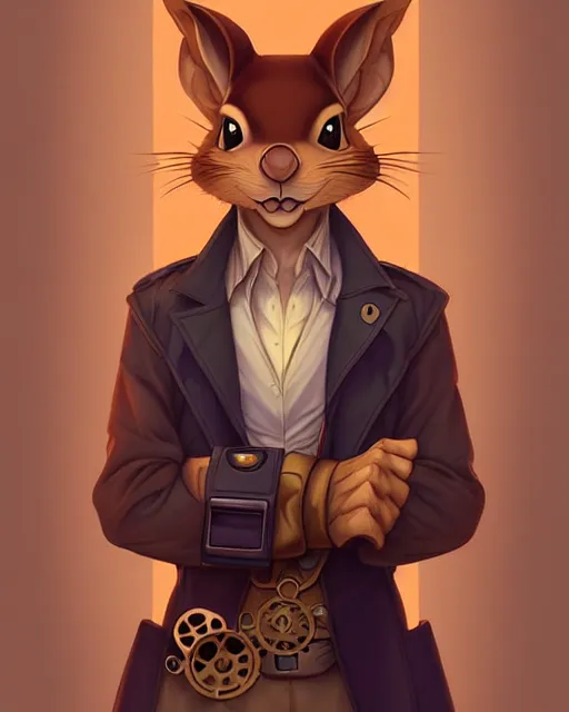 Image similar to don bluth, loish, artgerm, joshua middleton, steampunk, clockpunk anthropomorphic squirrel, full policeman outfit, smiling, symmetrical eyes symmetrical face, colorful animation forest background