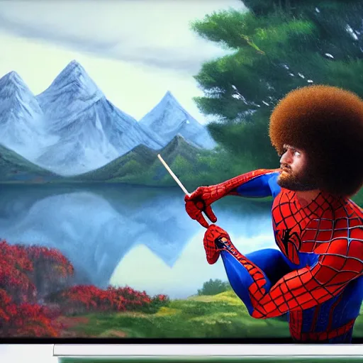 Image similar to a closeup photorealistic photograph of bob ross working on a canvas painting of spiderman. film still. brightly lit scene. mountains and trees. this 4 k hd image is trending on artstation, featured on behance, well - rendered, extra crisp, features intricate detail, epic composition and the style of unreal engine.