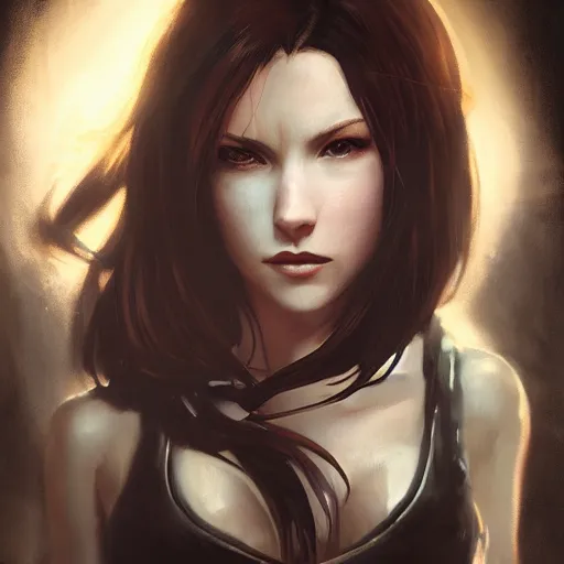 Image similar to charismatic seductive tifa lockhart portrait, atmospheric lighting, painted, intricate, volumetric lighting, beautiful, golden hour, sharp focus, ultra detailed, by leesha hannigan, ross tran, thierry doizon, kai carpenter, ignacio fernandez rios
