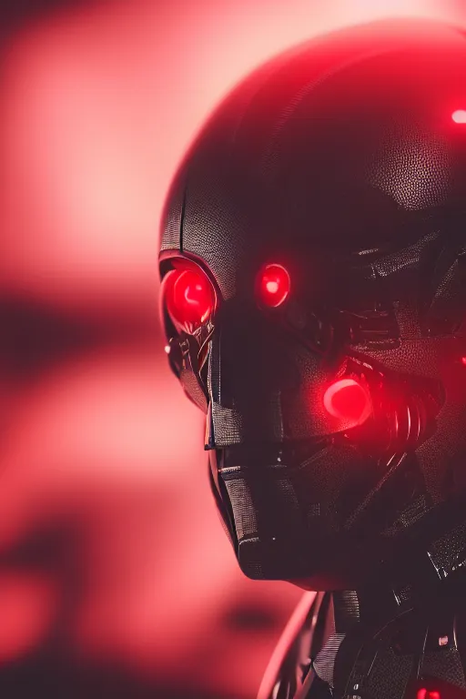 Image similar to closeup shot of a carbon black cyborg, macro shot, dof, cinematic, volumetric lighting, studio shot, red light, 4 k, highly detailed