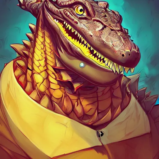 Prompt: in the style of artgerm, loish and ross tran, cartoon anthropomorphic alligator, symmetrical face, symmetrical eyes, red scales on his back, yellow scale on his belly and chest, male, waring a hawaiian shirt, cgsociety