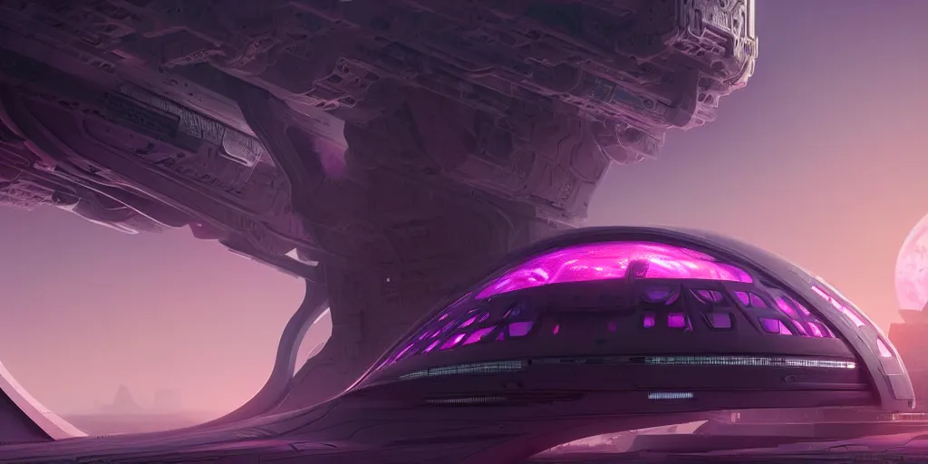 Image similar to futuristic space station 3 d concept art, cinematic lighting, intricate details, building by zaha hadid, pink sunset, emissary space by arthur haas and bruce pennington and john schoenherr, cinematic matte painting, dark moody monochrome colors, trending on artstation, featured on behance