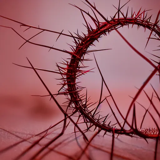 Image similar to photograph of a crown of thorns, red hues, award winning photography,40mm lens, shallow depth of field, split lighting