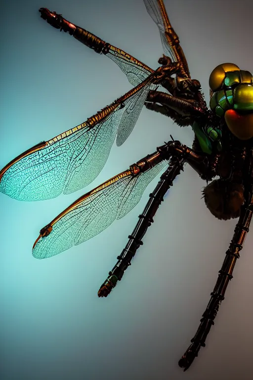 Image similar to a macro photograph of a bio - mech cyborg dragonfly by adam gor, by javier ruperez, by ellen jewett, beautifully lit, atmospheric lighting, mystical, 8 k