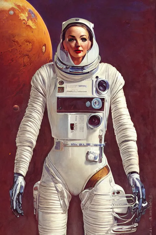 Image similar to pulp scifi fantasy illustration full body portrait android woman, white hair, in leather spacesuit on mars, by norman rockwell, roberto ferri, daniel gerhartz, edd cartier, jack kirby, howard v brown, ruan jia, tom lovell, frank r paul, jacob collins, dean cornwell, astounding stories, amazing, fantasy, other worlds