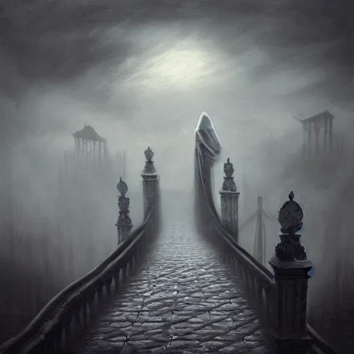 Prompt: surreal ominous bedsheet ghost floating above a bridge, oil painting, gloomy misty atmosphere, symmetrical, full body image, highly ornate intricate details,