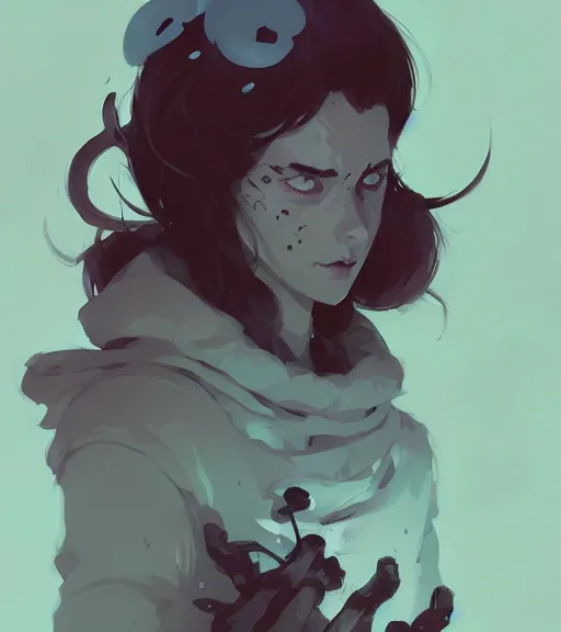 Image similar to portrait of a necromancer by atey ghailan, by greg rutkowski, by greg tocchini, by james gilleard, by joe fenton, by kaethe butcher, dynamic lighting, gradient light blue, brown, blonde cream and white color scheme, grunge aesthetic