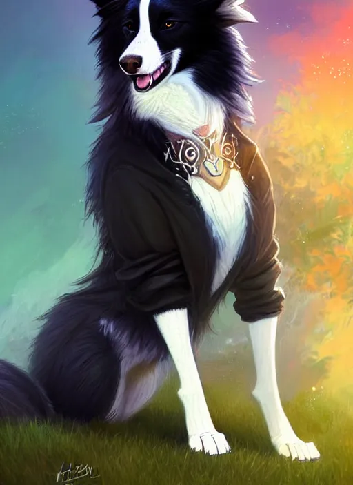 Image similar to full body digital painting of a cute male anthropomorphic border collie fursona wearing a jacket in front of a park, furaffinity, scenic background, intricate, elegant, beautiful, fantasy, highly detailed, trending on artstation, art by charlie bowater, henry asencio, and ross tran