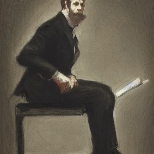 Prompt: portrait of an action hero mage in suit and tie, raising his hand, channeling magic, by alfred stevens in charcoal