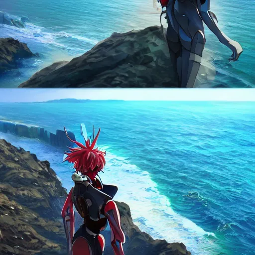 Image similar to ( anime!! humanoid robot ) ( standing on top of a large cliff ) overlooking the sea, anime!! artistic artstation
